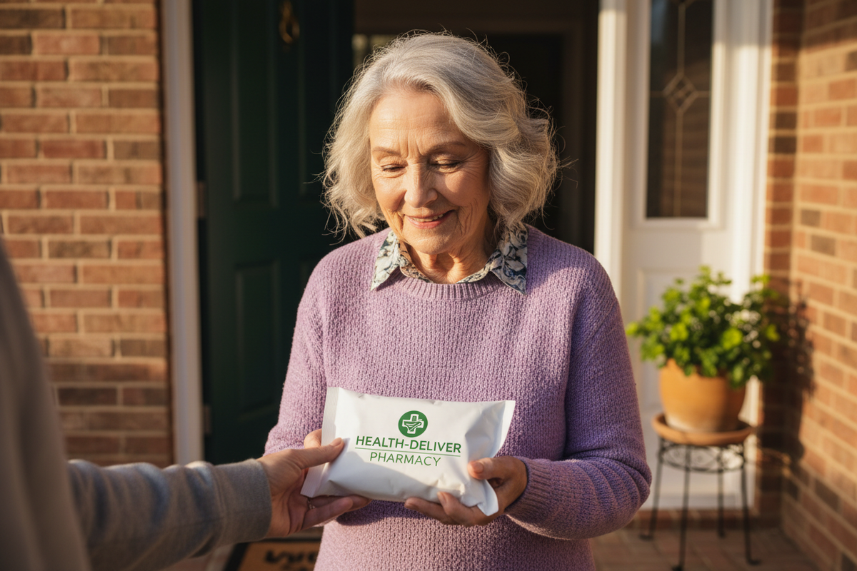 an old lady receiving a pharmacy package